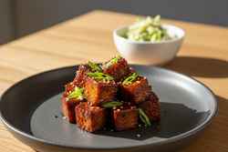 Smoked Sichuan mushroom burnt ends with a sticky glaze and charred edges on a minimalist plate. Vibrant, plant-based Asian-American BBQ fusion.
