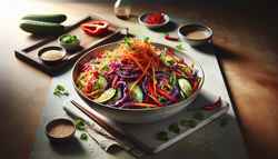 Photo of an Asian-inspired salad in an elegant dish, with purple cabbage, carrots, bell peppers, cucumber, cilantro, and sesame seeds, on a minimalist table.
