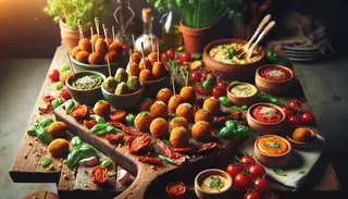 Visualize an Italian culinary scene showcasing a table filled with tempting vegan appetizers. Picture a rustic setting with wooden serving boards and fresh green herbs adding to the charm. Golden brown, perfectly shaped finger foods sit invitingly on the table, their aroma is irresistible, made of mashed chickpeas and sun-dried tomatoes, finely dusted with vegan parmesan cheese. Vivid colors from the tomatoes contrast with the chickpea balls, enhancing the overall aesthetics. Imagine the flavorful taste of basil, garlic, and nutritional yeast as you take a virtual bite. The food is served on a bed of vibrant greens, further adding to the appeal. Small bowls of different sauces are positioned around, inviting you to enjoy the variety of tastes. The entire scene is bathed in warm, inviting light, creating a cozy ambiance.
