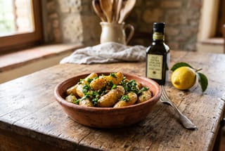 Crispy roasted potatoes coated in a vibrant green herb salsa verde in a rustic terracotta bowl on a wooden table.
