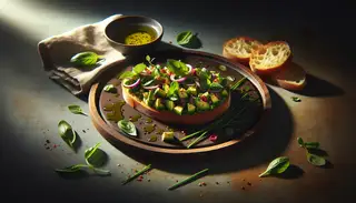 Image of vibrant 'Herbal Tapas Delight' on a wooden platter, featuring fresh basil, cilantro, mint, chives, avocado, and red onion, drizzled with olive oil and sprinkled with red pepper flakes, accompanied by toasted baguette slices. Soft lighting highlights the freshness.