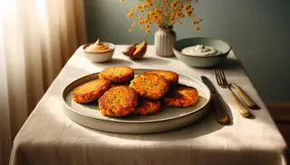 Golden, crispy millet and sweet potato cakes on a pastel plate, with vegan aioli, in a minimalistic, softly lit setting.