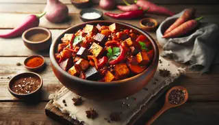 Vegan smoked African stew in a rustic bowl on a wooden table, garnished with cilantro, highlighted by warm lighting, with a blurred background.