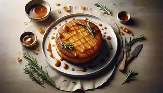 Image of a moist, fluffy Salted Caramel and Rosemary Olive Oil Cake with golden-brown crust, vegan caramel drizzle, and fresh rosemary on an elegant plate, set on a light wood table in natural light.
