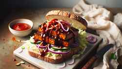 Image of a vegan Asian-American BBQ tempeh sandwich on a whole wheat bun, with red onion, cabbage, and sriracha mayo, in a bright, minimalist setting.
