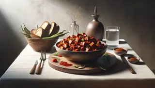 Image of a vegan Ethiopian Berbere spiced jackfruit stew in an elegant bowl, with a rustic bread basket and water glass on a minimalist table, warmly lit.
