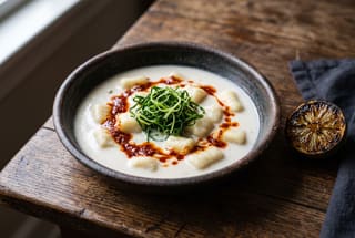 Swahili Coast Coconut Bisque with Cassava Gnocchi & Berbere Oil A bowl of creamy coconut soup with cassava gnocchi, drizzled with red spiced oil and topped with green greens, on a rustic wooden table.