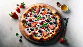 Artisan dessert pizza on a wooden table featuring a crispy crust with ricotta, berries, honey drizzle, and basil.