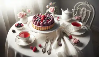 Elegant high tea setting featuring a rose-infused berry tart on a fine plate, surrounded by a delicate teacup, rose petals, and a silver fork, all under soft, natural light.