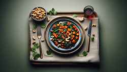A vibrant, single-serving 'Nutty Vegan Feast' with roasted peanuts, cashews, sweet potatoes, and spinach in a spicy tomato sauce, garnished with fresh coriander on a simple table.