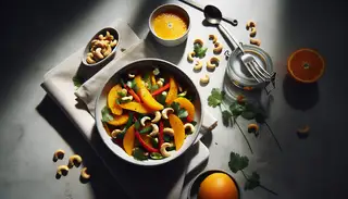 Minimalistic chef's tasting table with a vibrant Citrus-Spiced African Salad in a bowl, beside roasted cashews, under natural light.