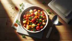 Photorealistic image of a vibrant, steaming braised breakfast bowl on a minimalist wooden table, highlighted by morning light.