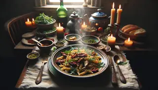 Imagine a cozy dinner table set up with an Italian-inspired vegan pasta dish, exuding humble elegance and rustic charm. The table is decorated with tastefully simple dinnerware under the soft glow of candlelight, casting warmth across the scene. At the heart of it, a plate of steaming hot pasta made with sun-dried tomatoes and artichoke hearts attracts the eye. The vibrant green of fresh arugula leaves garnishes the dish, contrasting beautifully with the handmade ceramic plate. The ingredients' colors stand out, igniting the senses with an imagined aroma of fragrant garlic and olive oil. This scene mirrors a warm, satisfying moment typically found in an Italian dinner.