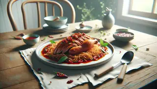 Photorealistic image of vegan confit 'duck' with shredded jackfruit and spicy plum sauce on a minimalist table, highlighted by natural light.