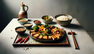 A minimalist table set with golden-brown tofu slices, broccoli, bell peppers, and onions, served with rice or noodles, embodying Asian vegan cuisine tranquility.