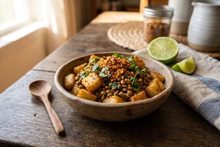 Berbere-Spiced Cassava and Pigeon Pea Crumble A clay bowl of spiced cassava and pigeon peas topped with crushed peanuts and fresh cilantro on a dark wooden table.