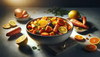 Vibrant Citrusy African Root Vegetable Stew in an elegant bowl with visible sweet potatoes, carrots, parsnip, turnip, topped with orange and lemon zest, garnished with fresh cilantro.