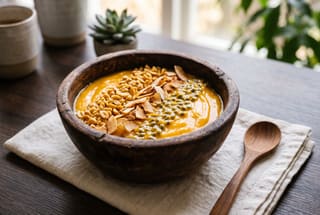 Pwani Pungent Sunrise Smoothie Bowl A vibrant orange mango smoothie bowl topped with crushed peanuts and coconut in a wooden bowl on a minimalist table.
