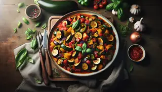 A vibrant, herb-infused Vegan Ratatouille with diced eggplant, zucchini, bell peppers, and onions simmered in a rich tomato sauce and garnished with fresh basil leaves.