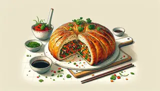 Illustration of golden brown Asian-inspired vegan stuffed bread, sliced open to reveal a colorful mushroom, carrot, bell pepper, and green onion filling, garnished with cilantro on a simple table setting.
