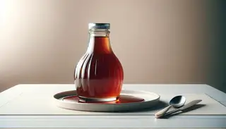 A luscious, amber-hued syrupy sauce in a sleek bowl on a minimalist table setting, inviting indulgence.