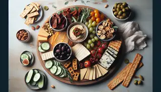 Elegant vegan charcuterie board with smoked gouda, blue cheese, tempeh, tofu, hummus, and fresh fruits, nuts, surrounded by crackers, on a simple table.