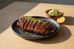 Smoked Yuzu-Hoisin Seitan Brisket Sliced Smoked Yuzu-Hoisin Seitan Brisket with a sticky glaze, sesame, and scallions on a charcoal platter in warm golden sunlight.