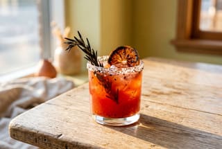 Smoky Ojai Tangerine and Burnt Rosemary Elixir A glass of deep orange citrus drink with a charred rosemary sprig and burnt tangerine slice on a rustic wooden table in warm golden sunlight.