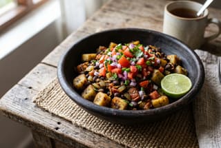 Swahili Coastal Sunrise Hash Savory Kenyan breakfast hash with matoke bananas, black beans, and fresh kachumbari garnish in a rustic clay bowl on a wooden table.
