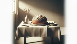 Hyper-realistic image of freshly baked bread on a minimalist table, exuding warmth and homemade comfort.