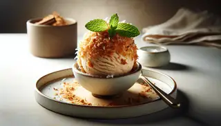 Golden-brown vegan coconut fried ice cream with cinnamon, served on a minimalist plate with a mint leaf, against a neutral background.