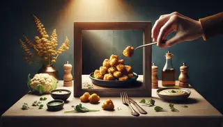 Golden-brown vegan cauliflower nuggets on a serene table, inviting a mouthwatering midday meal ambiance.