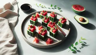 Zen-inspired table with Watermelon Sushi Bites decorated with cucumber, avocado, pickled ginger, and sesame seeds, accompanied by soy sauce.