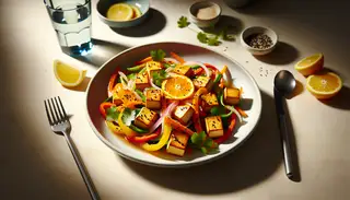 Image of a modern Asian citrus tofu stir-fry in a shallow bowl, featuring crispy tofu, colorful vegetables, cilantro, and sesame seeds, on a minimalist table under soft lighting.