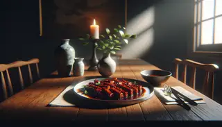 Image of a cozy dinner setting featuring Asian-Inspired Vegan BBQ Seitan on a white plate, with extra glaze, a vase, and candle, in soft lighting.