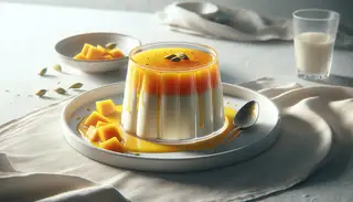 Vegan saffron and cardamom panna cotta in a clear glass with mango coulis on a white plate, accompanied by a delicate spoon, under warm lighting.