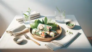 A minimalist table setting showcasing neatly wrapped Crispy Tofu and Vegetable Spring Rolls, highlighting colorful veggies and fresh herbs.