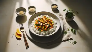 Minimalist vegan dining setup with white rice, golden tofu, carrots, bell peppers, garnished with sesame seeds and cilantro, highlighted by natural light.