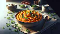 Vegan Sweet Potato and Coconut Milk Mash Creamy vegan sweet potato and coconut milk mash in a bowl, garnished with green coriander, under soft natural light.