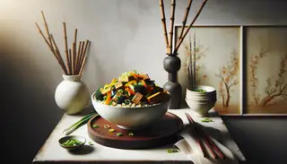 Buffet table with an Asian-inspired vegan dish of tempeh and stir-fried vegetables on quinoa, accented with green onions and sesame, under soft light, no text/humans.