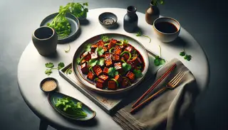 Image of a glossy hoisin-glazed jackfruit dish, garnished with cilantro and sesame seeds on a minimalistic table, highlighting its vibrant colors and textures.