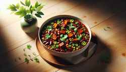 A minimalist dinner table with a warm, inviting light showcasing a bowl of Spicy Vegan BBQ Chili, garnished with cilantro and green onions, on a natural wood surface.