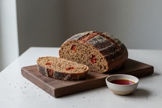 Rustic Teff & Shiitake sourdough with nigella seeds and berbere oil on a minimalist stone table. Sliced to reveal a rich, sun-dried tomato crumb.