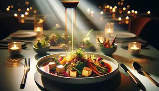 Visually depict a dining scene where the spotlight is on a beautifully set table holding a tantalizing vegan dish. The vegan dish is intricately decorated with vibrant vegetables, soft tofu, and is delicately sprinkled with fresh herbs. A rich, glistening umami sauce elegantly cascades over it, adding an inviting depth and complexity. The soft glow of dining room lights illuminates the dish, making the sauce sparkle and boost its allure. An aromatic, irresistible scent of the umami sauce fills the air of this dining room, creating an atmosphere of anticipation for the culinary journey that awaits.