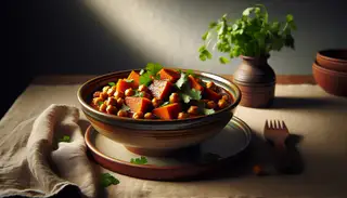 Hearty vegan Glazed Sweet Potato and Chickpea Stew in a ceramic bowl with fresh cilantro, on a wooden table under warm light.