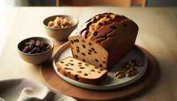 Freshly baked vegan African sweet bread with a golden-brown crust, served on a ceramic plate with raisins and walnuts on a wooden table.