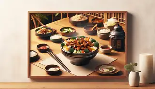 Vibrant Vegan Korean Bulgogi Bowl on a beautifully set table, showcasing textures and hues in a serene ambiance.