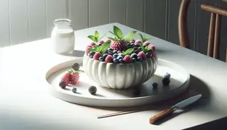 A vibrant vegan coconut dessert adorned with a medley of mixed berries and fresh mint leaves, presented on a minimalist table setting.