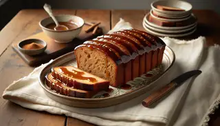 Sliced vegan glazed bread on a white ceramic plate, with extra cinnamon glaze in a small bowl, on a wooden table under soft light, highlighting its shiny, caramelized crust.
