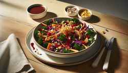 Medium-sized white bowl with vibrant vegan BBQ salad, drizzled with glossy sauce and topped with crispy onions and sunflower seeds, beside roasted corn, on a rustic wooden table in natural light.